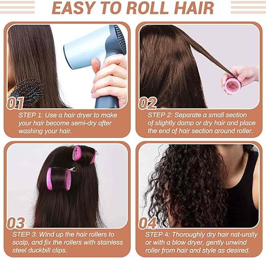 🎀 12pcs/Set Hair Roller Set 🎀 💁‍♀️ 12pcs Plastic Self-Grip Curlers (3 Sizes) + 12pcs Metal Clips ✨